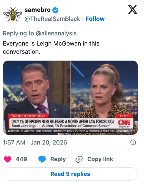 Split-screen news discussion between a man and a woman labeled as Leigh McGowan, addressing Epstein files release