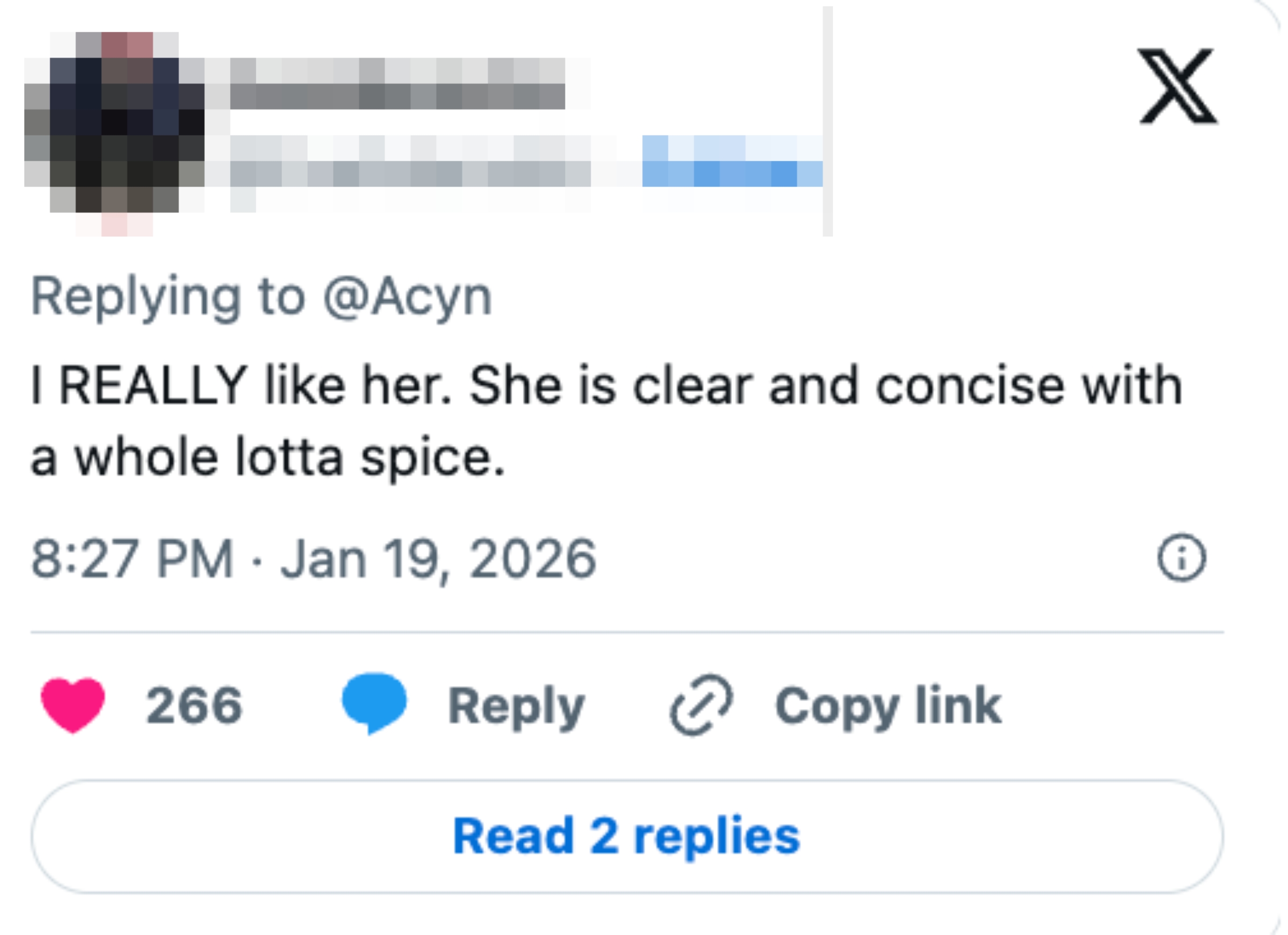 Social media post by EveAdamsNJ praising someone for being clear, concise, and having "a whole lotta spice" with options to like, reply, or share