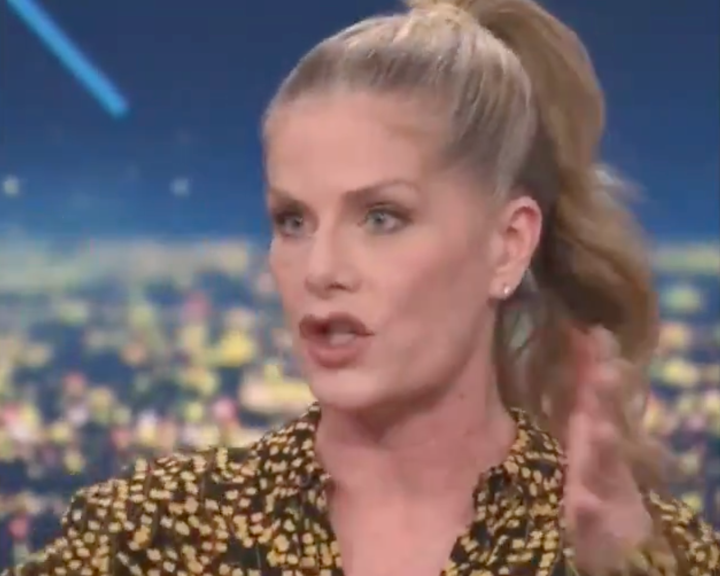 Person speaking animatedly during a talk show interview. They have long hair pulled back and are wearing a patterned shirt