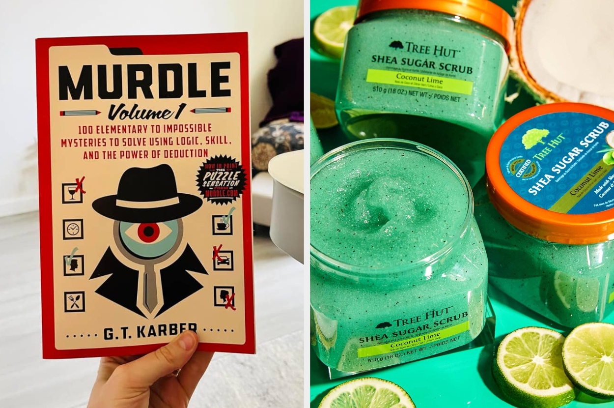 On the left, a hand holds the book "Murdle Volume 1." On the right, various Tree Hut Shea Sugar Scrub containers in a shopping setup