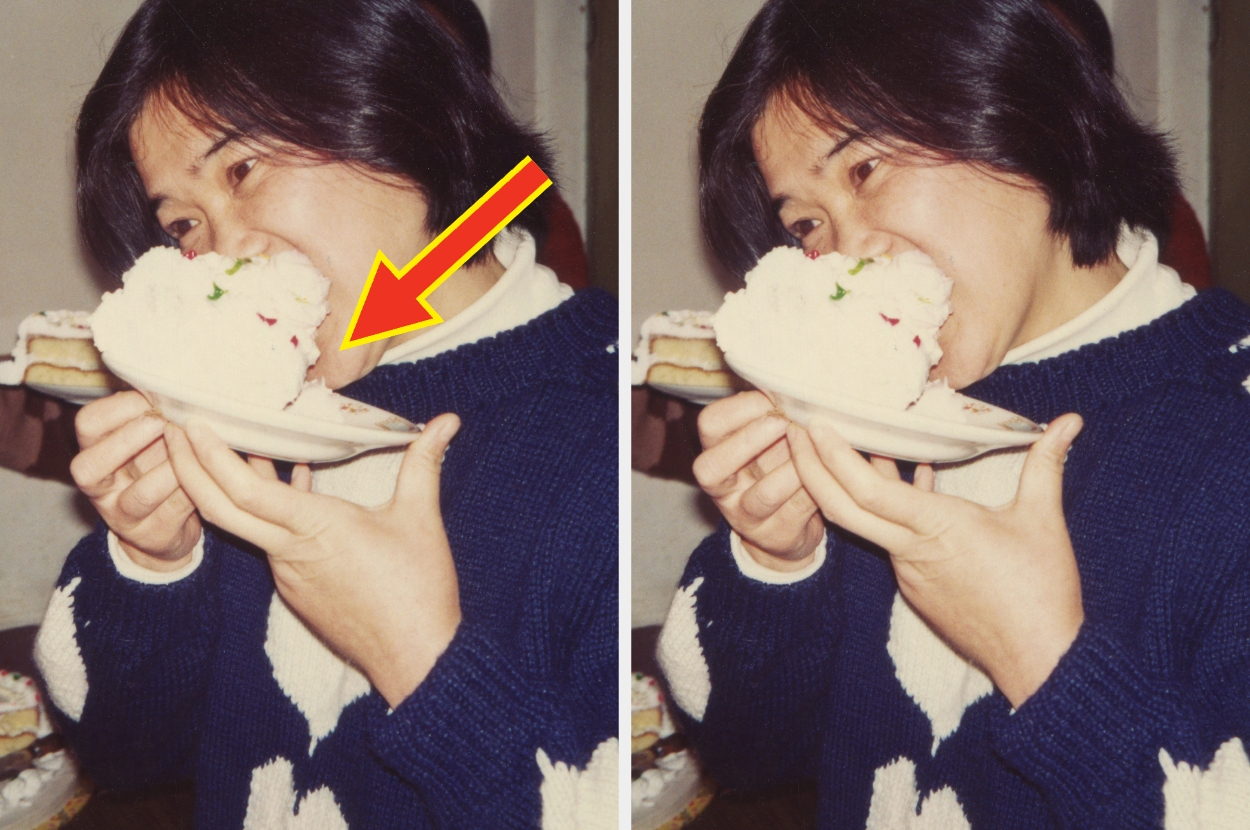 Person enthusiastically eating dessert from a plate, captured in two similar side-by-side images. A yellow arrow points to the dessert