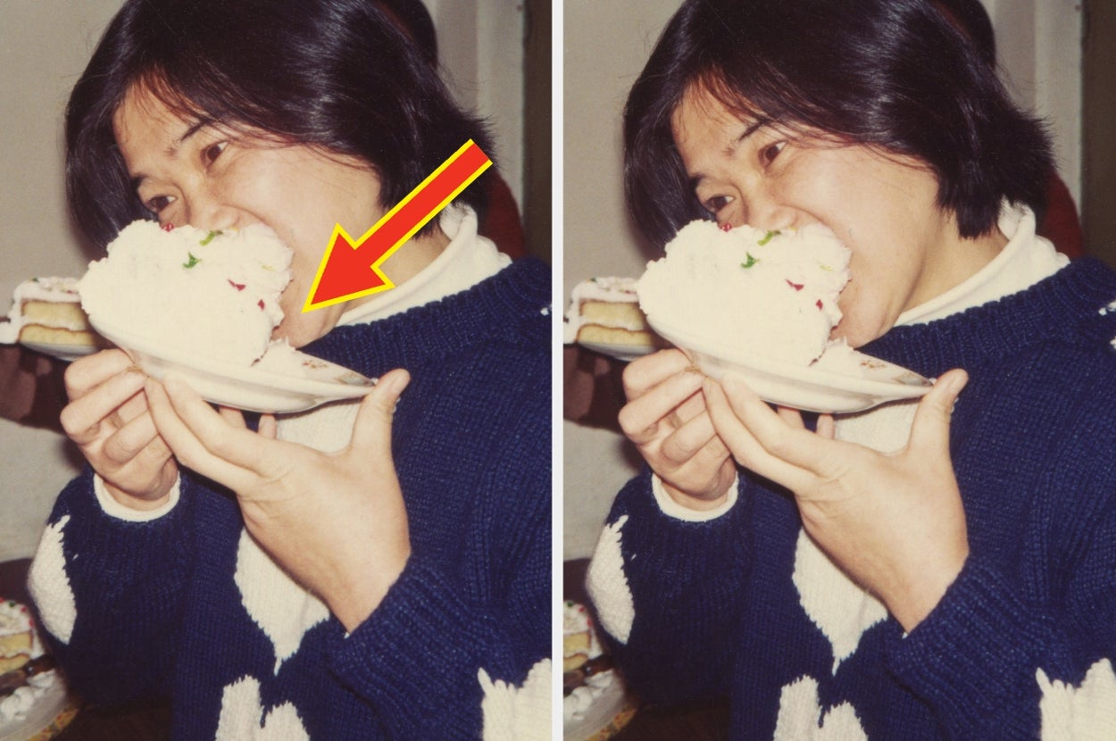 Person enthusiastically eating dessert from a plate, captured in two similar side-by-side images. A yellow arrow points to the dessert