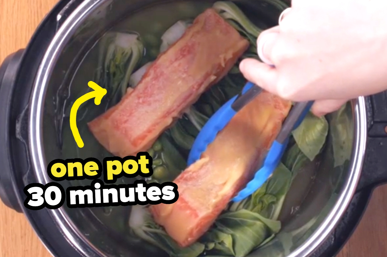 Hand holding tongs over ribs in a pot with bok choy, text: "one pot 30 minutes."