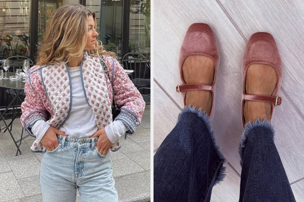 Person in floral quilted jacket with jeans alongside pink mary jane shoes worn with frayed hem jeans, highlighting fashion and footwear style