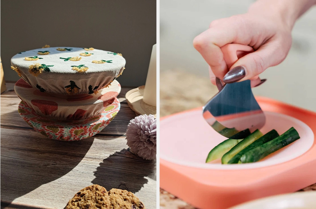 Reusable bowl covers with floral patterns and a hand using a curved knife to slice vegetables on a plate