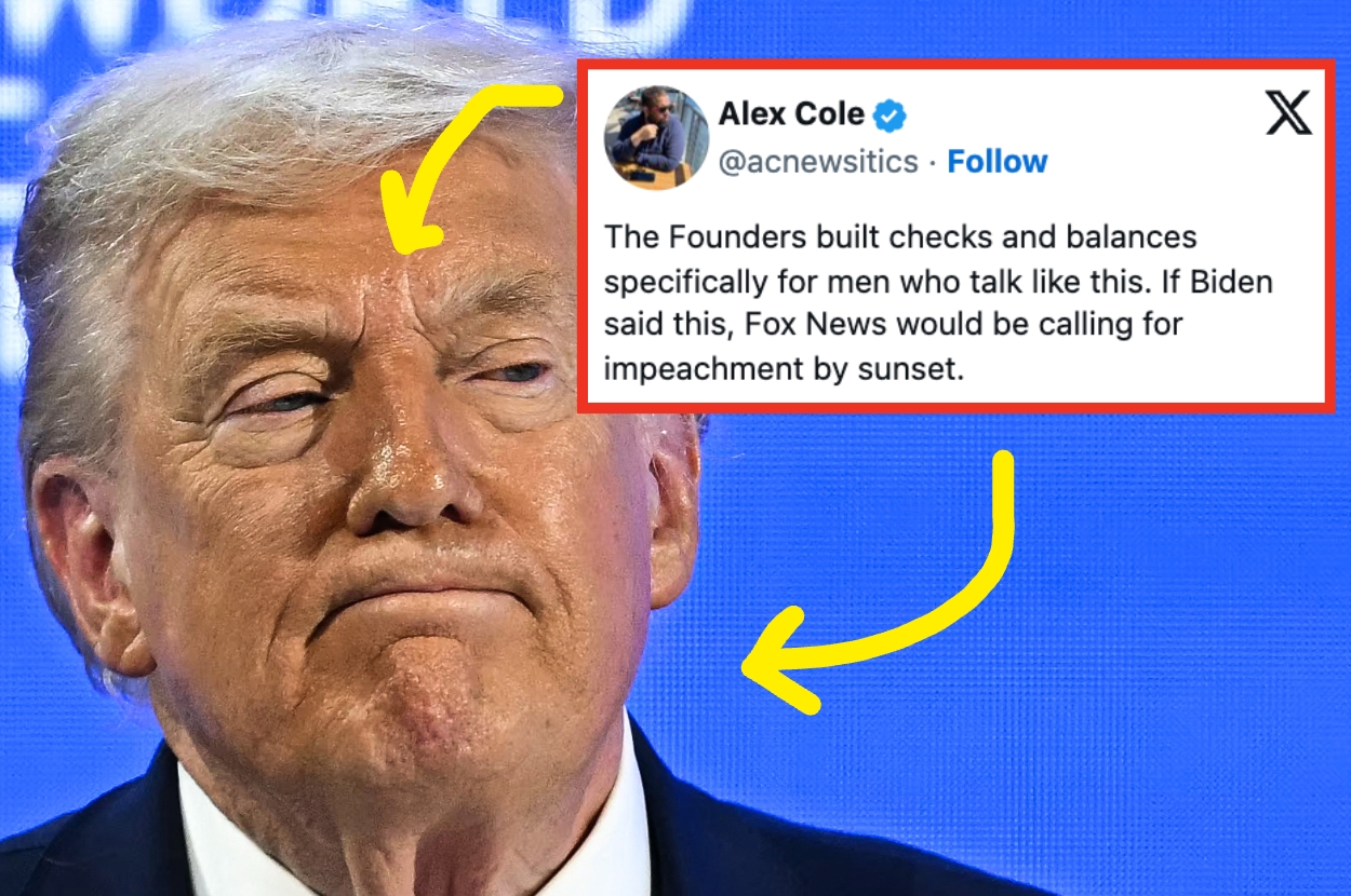 A man appears pensive while a tweet by Alex Cole discusses checks and balances in response to a political figure's behavior, mentioning Fox News
