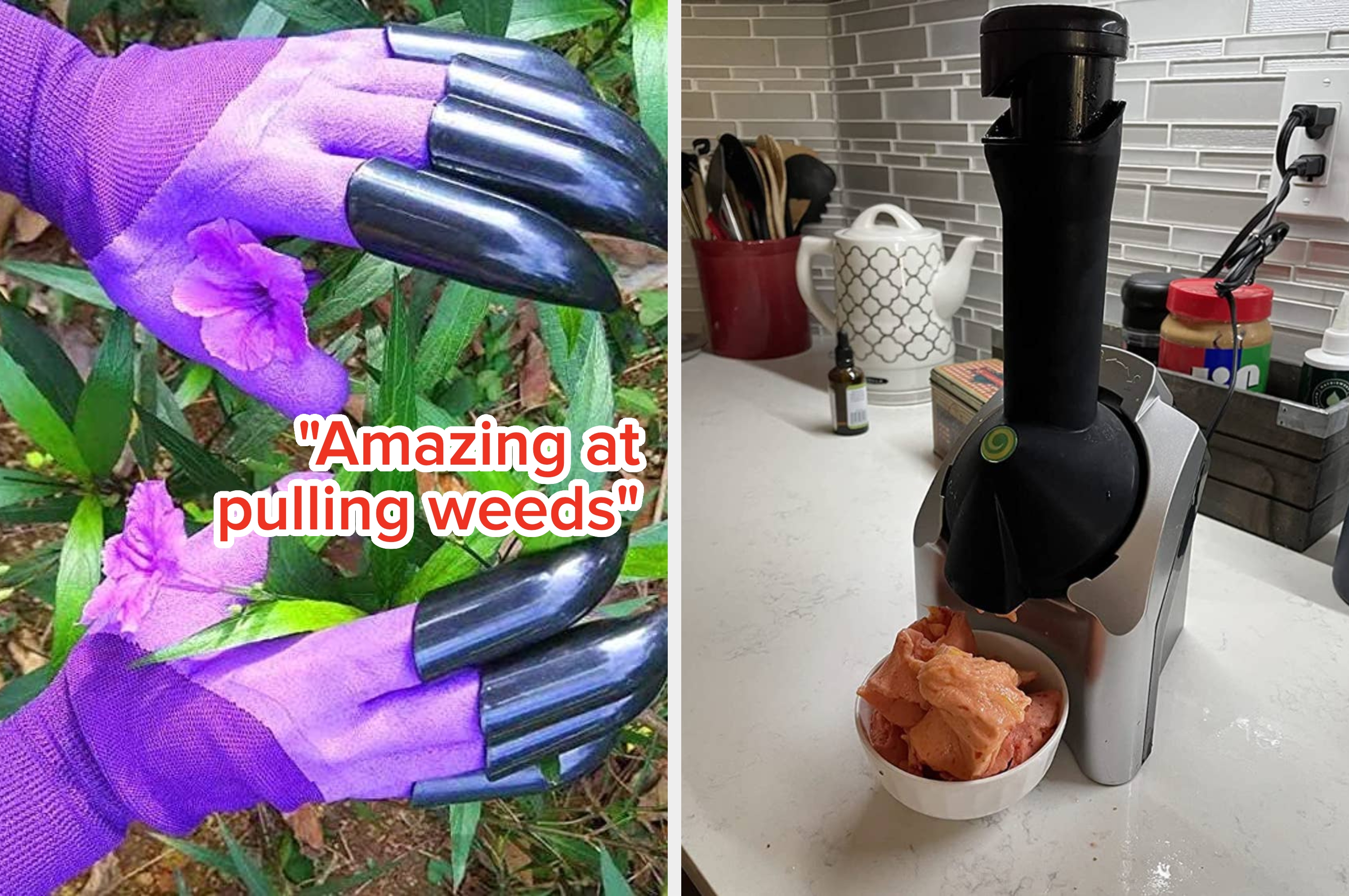 Gloved hands with claw-like nails touch flowers; black diffuser emits flame-like steam