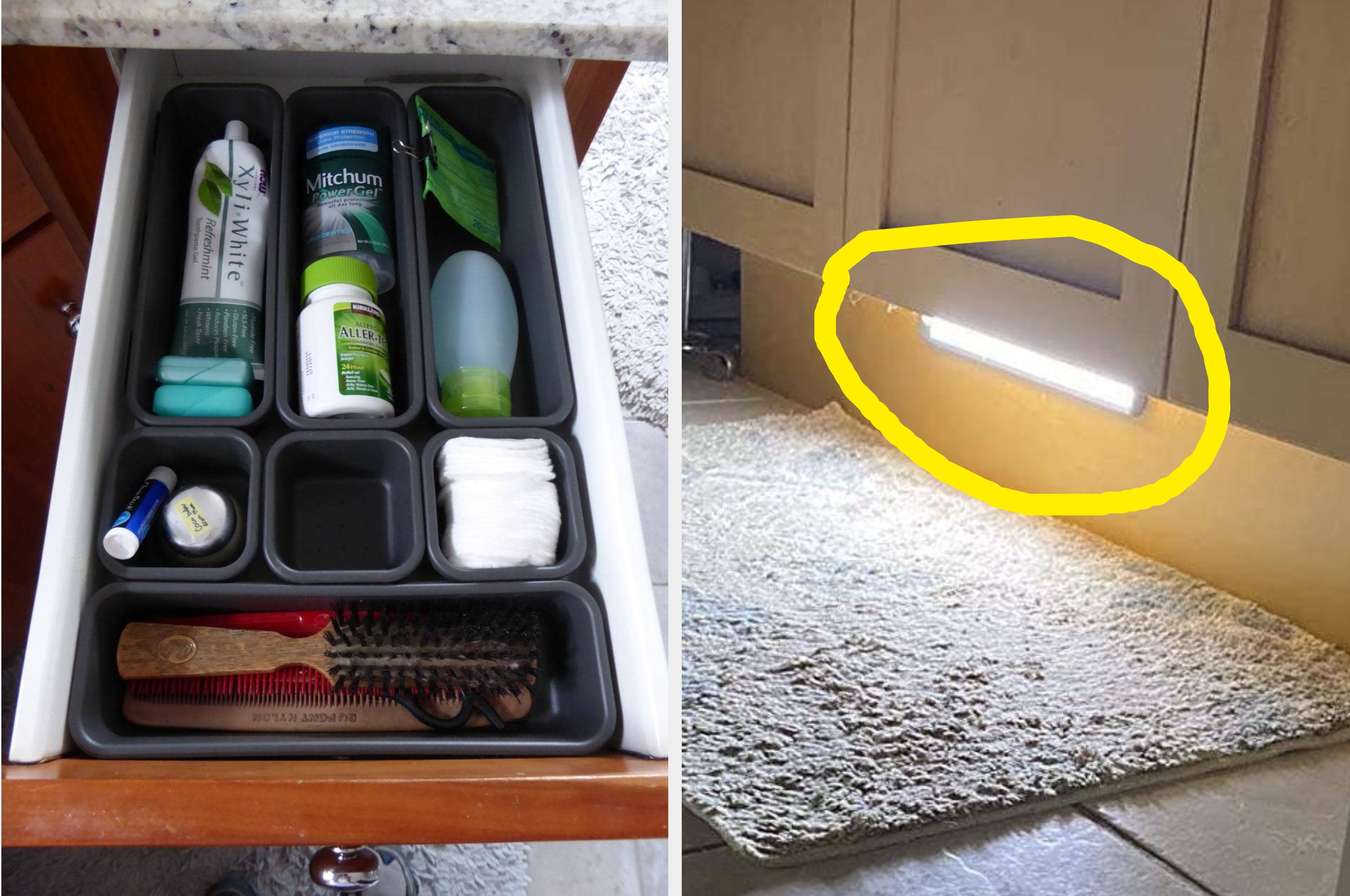 Magnetic soap holder next to a stick-on cabinet light above a rug, showcasing home convenience items