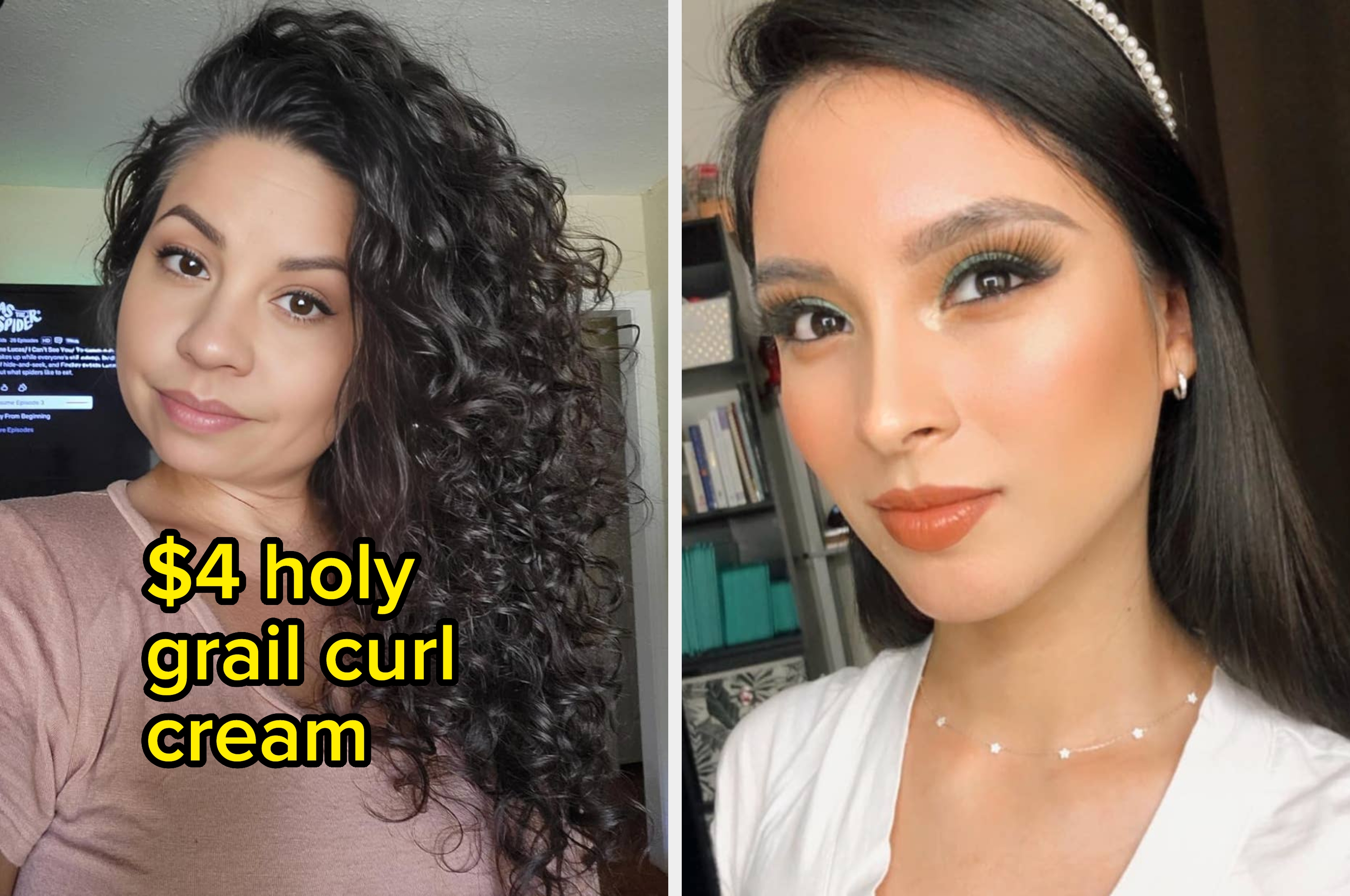 Image showing a woman with curly hair next to a Hawaiian Tropic SPF powder brush. Text highlights hair cream and affordable SPF scalp powder