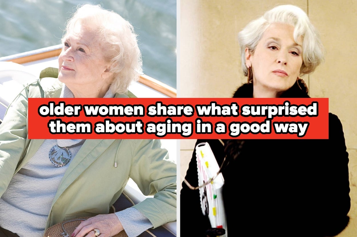 Split image of an older woman on a boat and another woman with short hair wearing black, text overlay: "older women share what surprised them about aging in a good way"