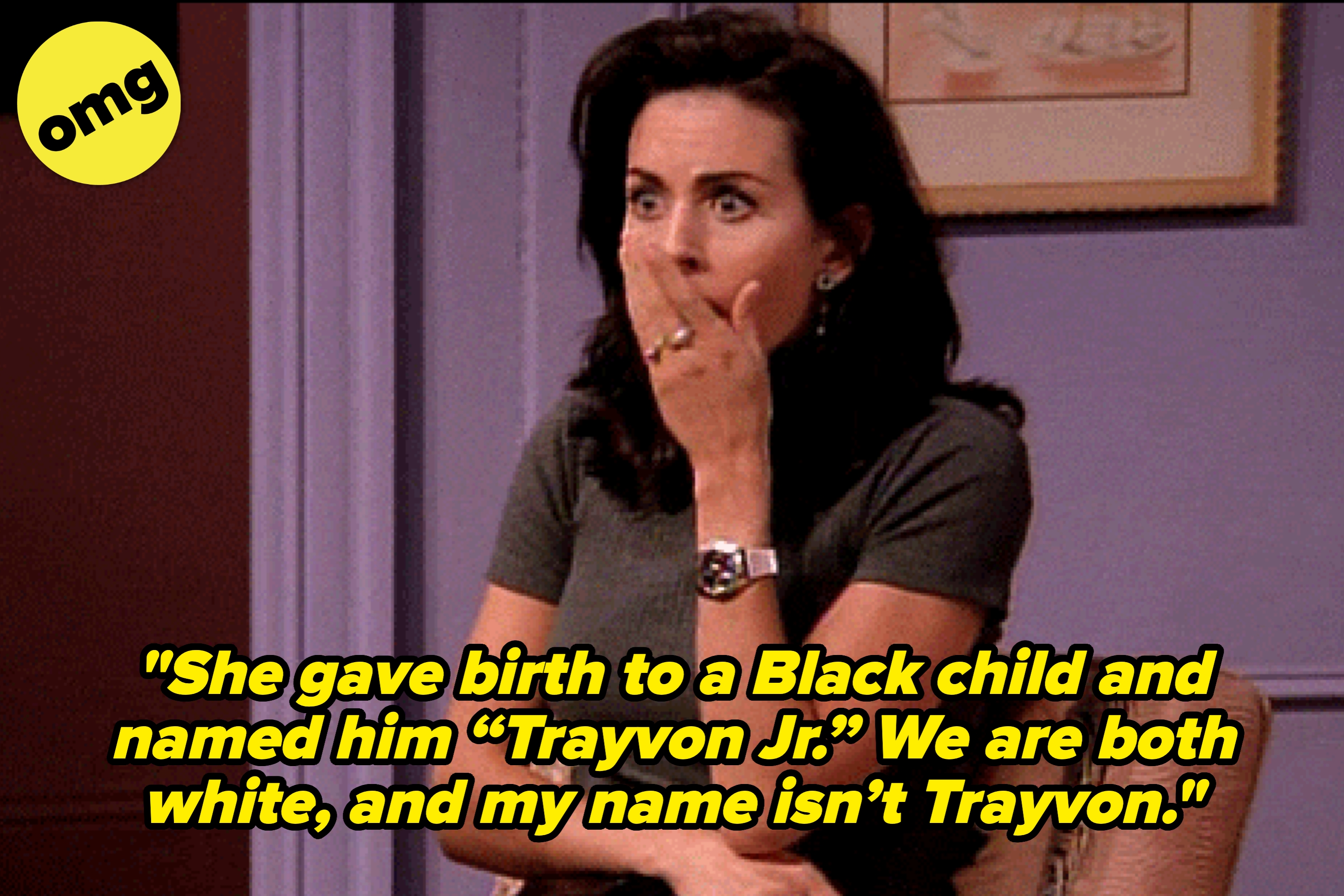 A surprised woman covers her mouth with one hand, while text on the image reads: "She gave birth to a Black child and named him 'Trayvon Jr.' We are both white."