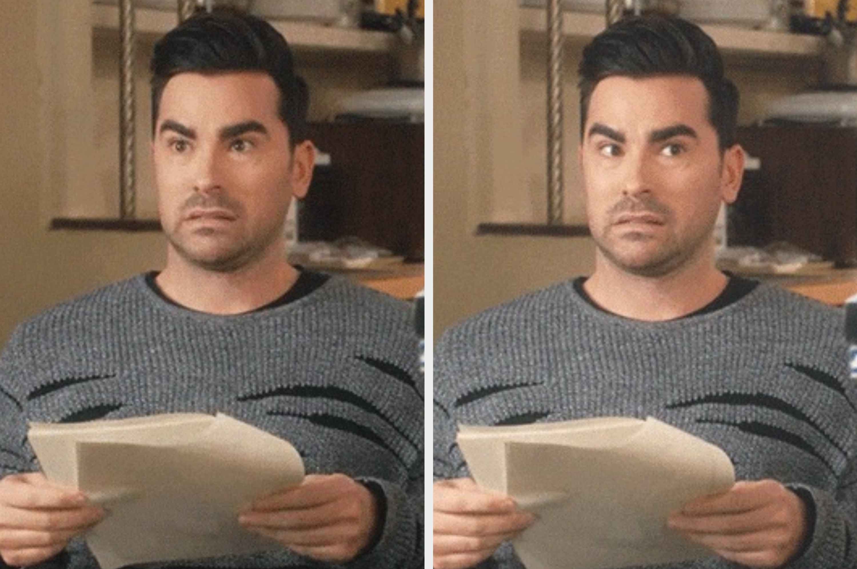 A confused person holding papers, with a surprised expression, in a casual indoor setting