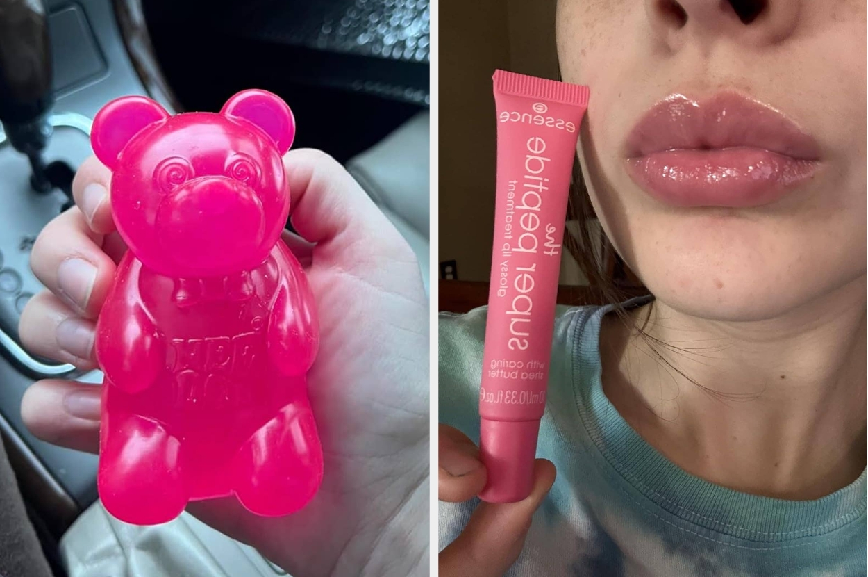 Person holding pink gummy bear-shaped air freshener; glossy lips next to a pink lip gloss tube labeled "essence Super Last."