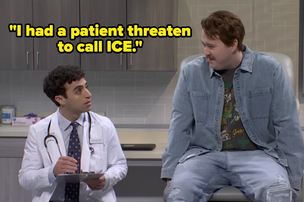 A doctor in a white coat and a patient in a denim jacket sit in an exam room. Text above reads: "I had a patient threaten to call ICE."