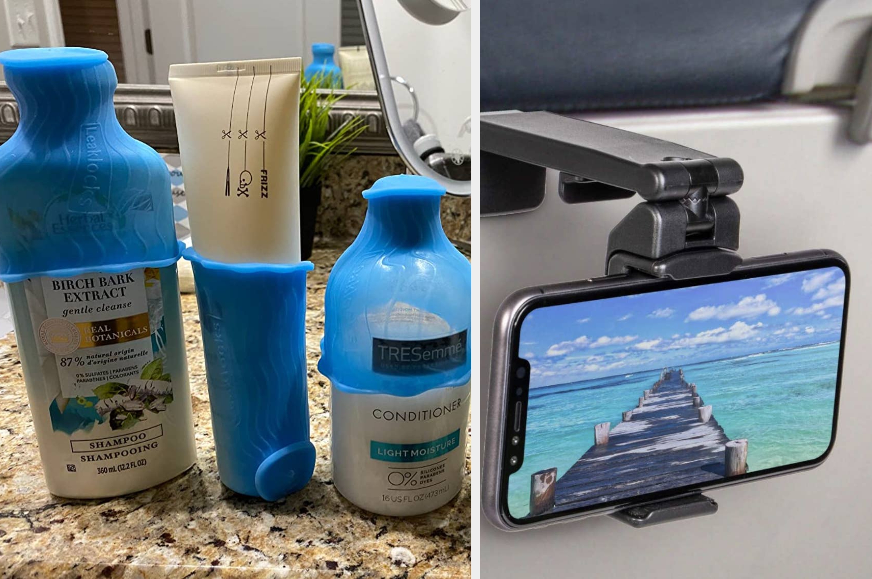 Shampoo and conditioner bottles seamed with pumps; digital book reader displaying "The Boyfriend" by Freida McFadden. Text: "no more lugging multiple books in your suitcase!"