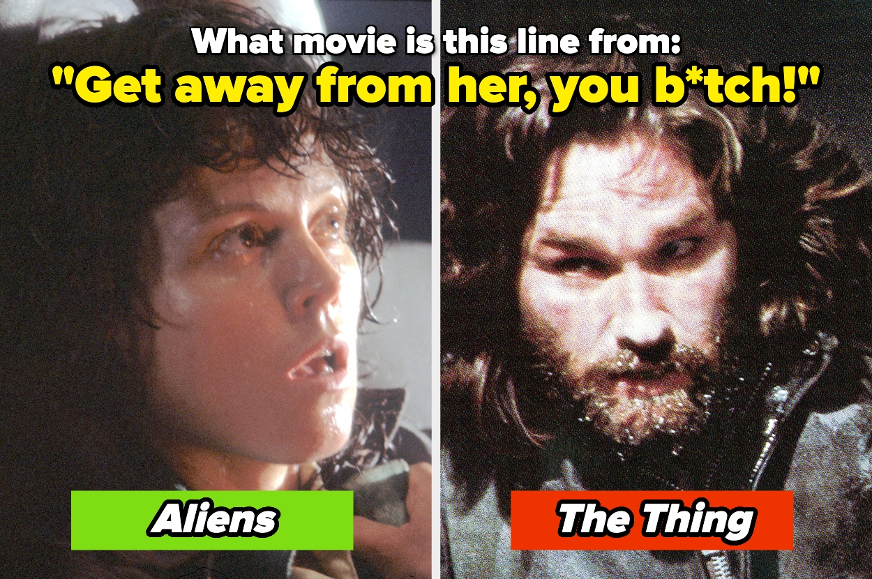 Split image: left shows a woman from "Aliens," right shows a man from "The Thing" with text asking which movie a quote is from