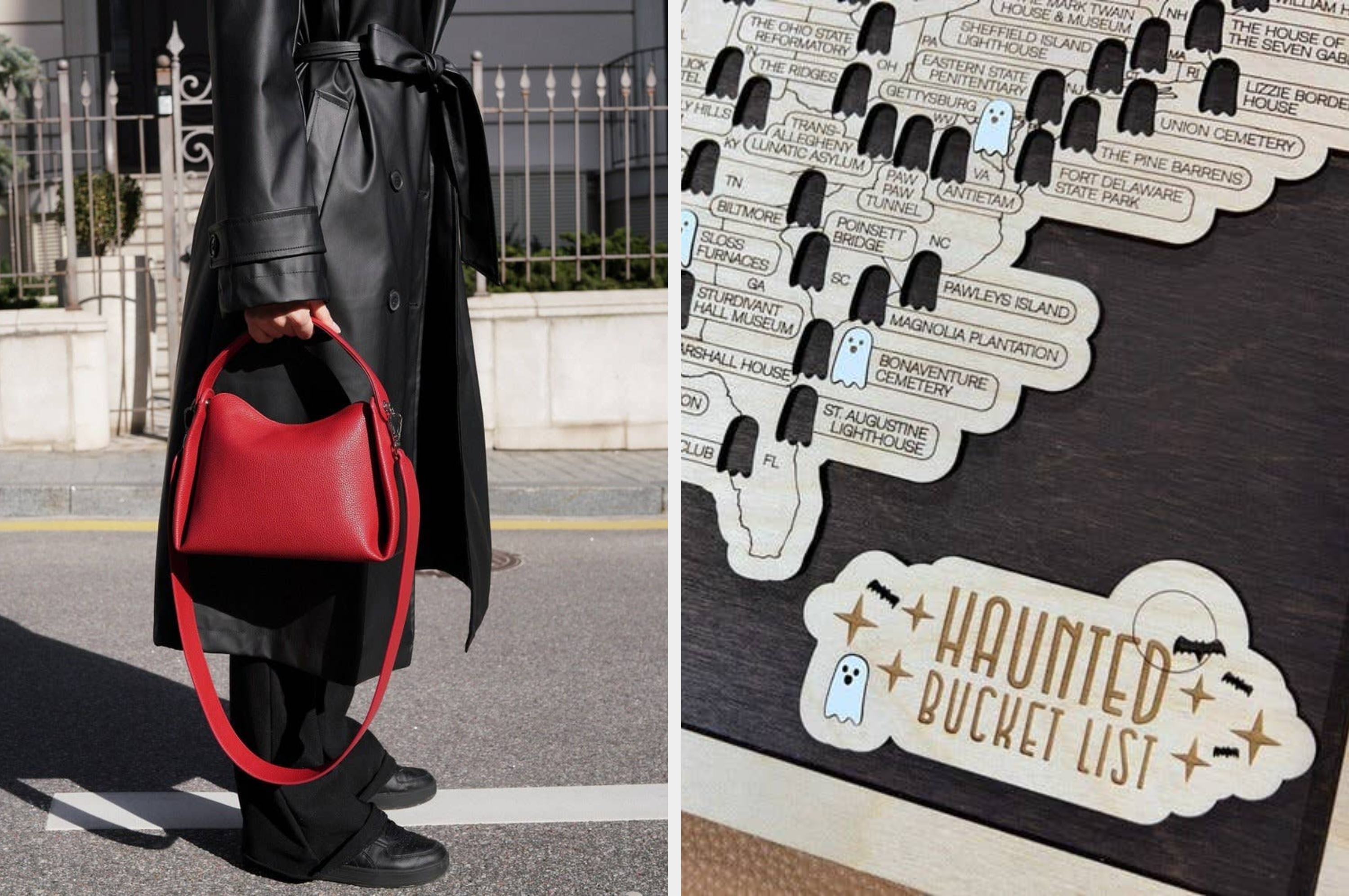 Close-up of a person holding a stylish handbag in one panel; a U.S. map with "Haunted Bucket List" text in the other