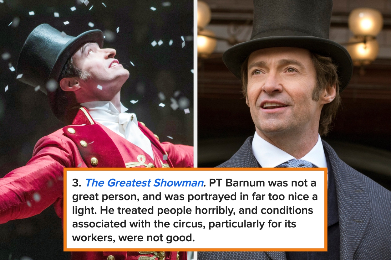 Split image: Left, a person in a red circus outfit performing; Right, same person in a top hat and coat. Text criticizes "The Greatest Showman."