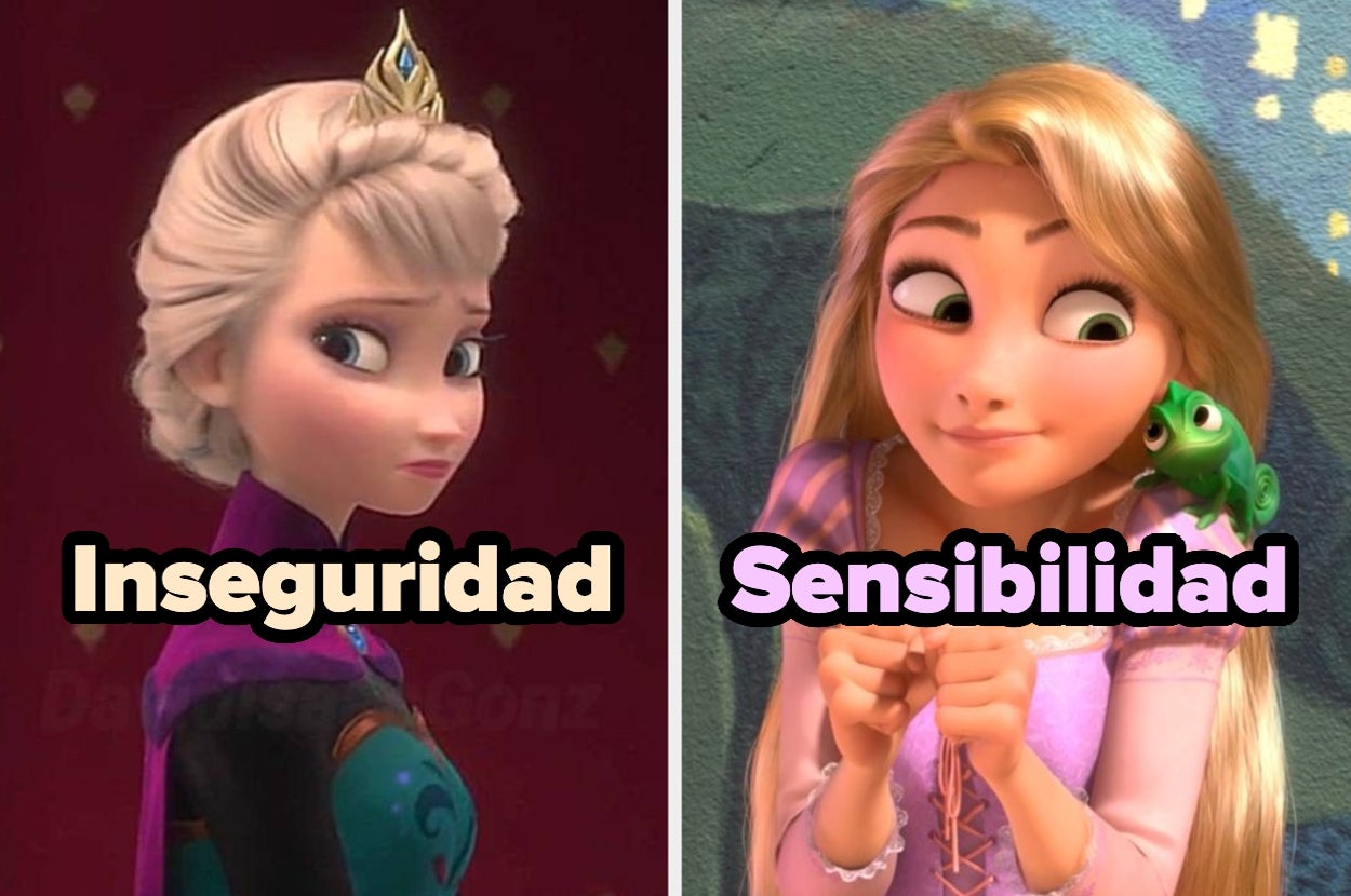 Elsa, personaje animado de pie, con expresión seria (Inseguridad), junto a Rapunzel sonriente con un camaleón (Sensibilidad)