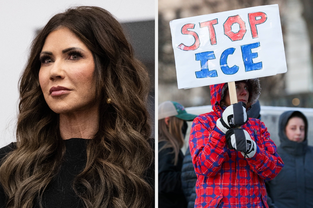 Left: Woman with wavy hair in a dark outfit. Right: Person in plaid jacket holding a "Stop ICE" sign at a protest