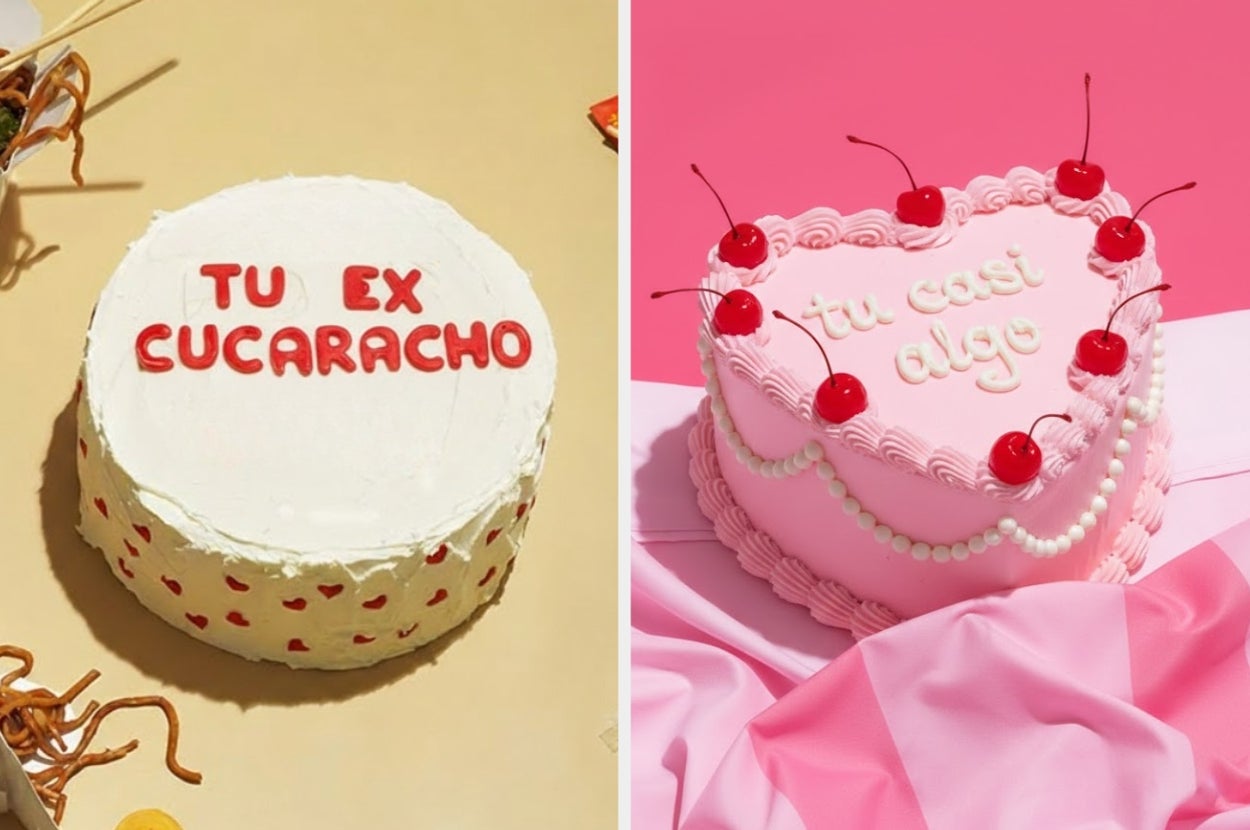 Dos pasteles decorados con frases divertidas: "Tu ex cucaracho" y "Tu casi algo", adornados con detalles