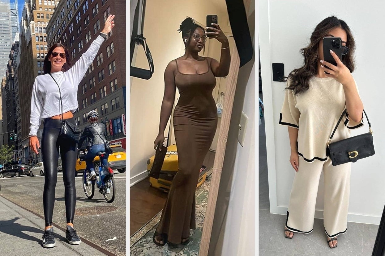 Three women in different outfits: sporty in leggings, chic in a form-fitting dress, and casual in a matching knit set, photographed in urban settings