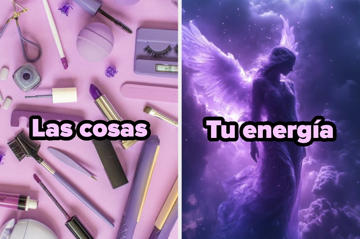 Collage comparativo de cosméticos a la izquierda y figura alada etérea a la derecha, con textos: "Las cosas" y "Tu energía"