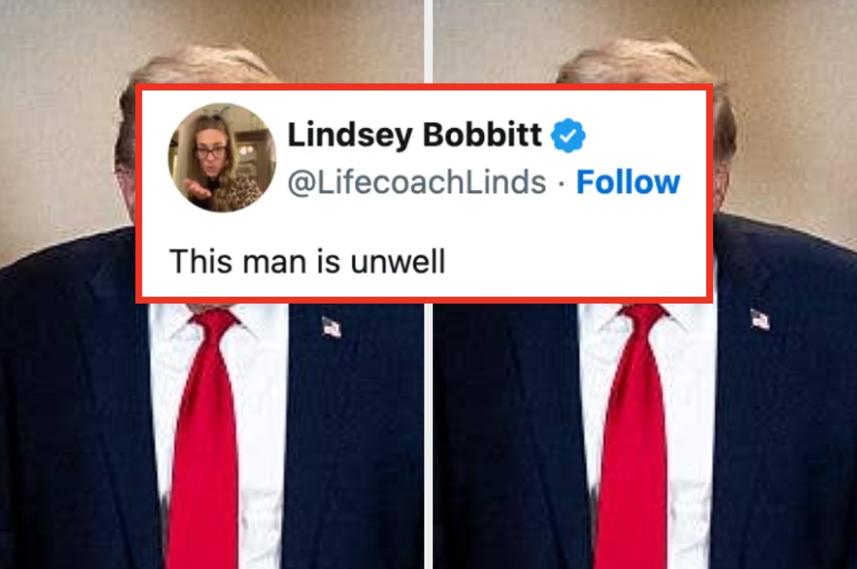 A tweet overlay reads, "This man is unwell," over a partial image of a man in a suit with a red tie