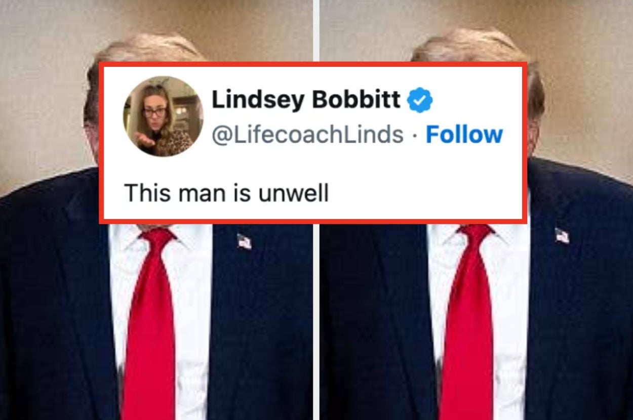 A tweet overlay reads, "This man is unwell," over a partial image of a man in a suit with a red tie