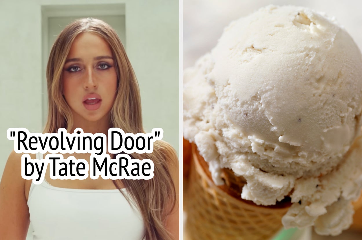 Split image of a person next to ice cream in a cone; text reads "Revolving Door by Tate McRae."