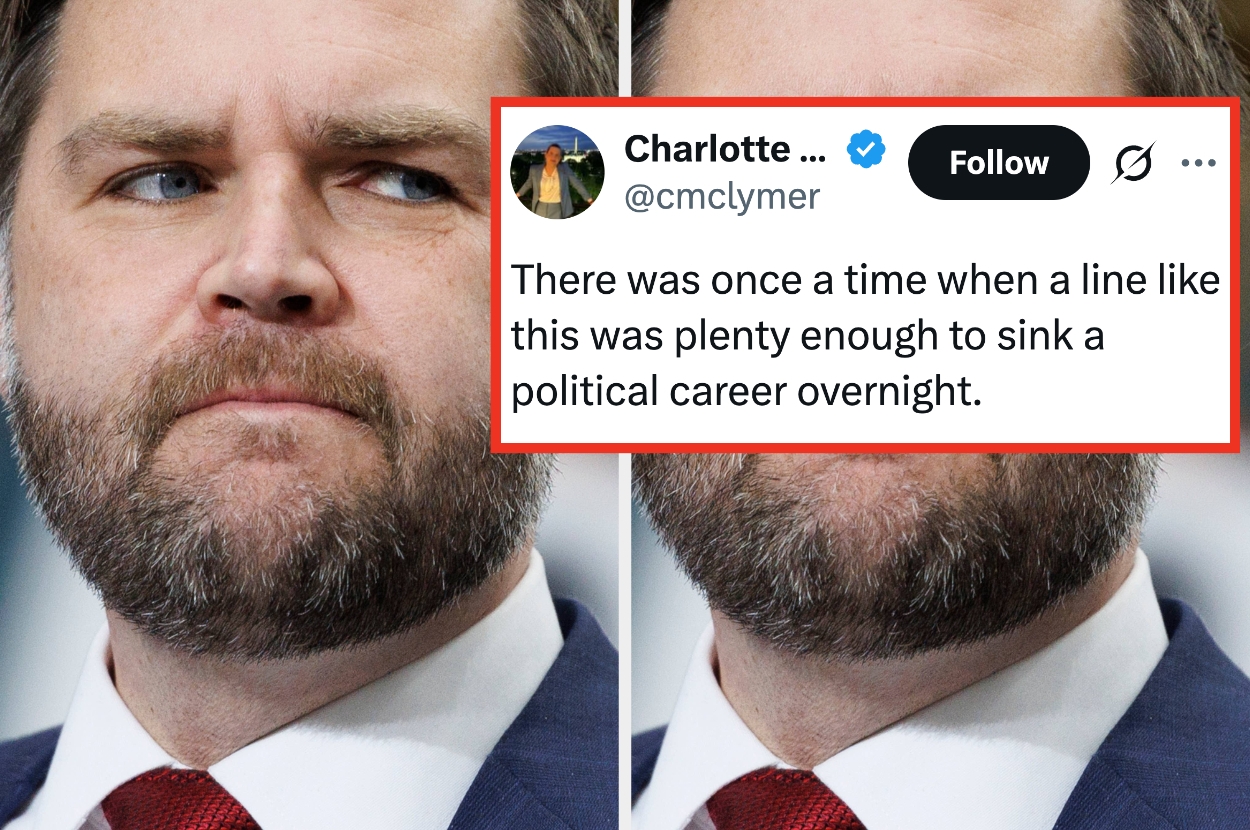 Close-up of a man with a beard and a serious expression. Overlay of a tweet by Charlotte Clymer discusses political careers and accountability