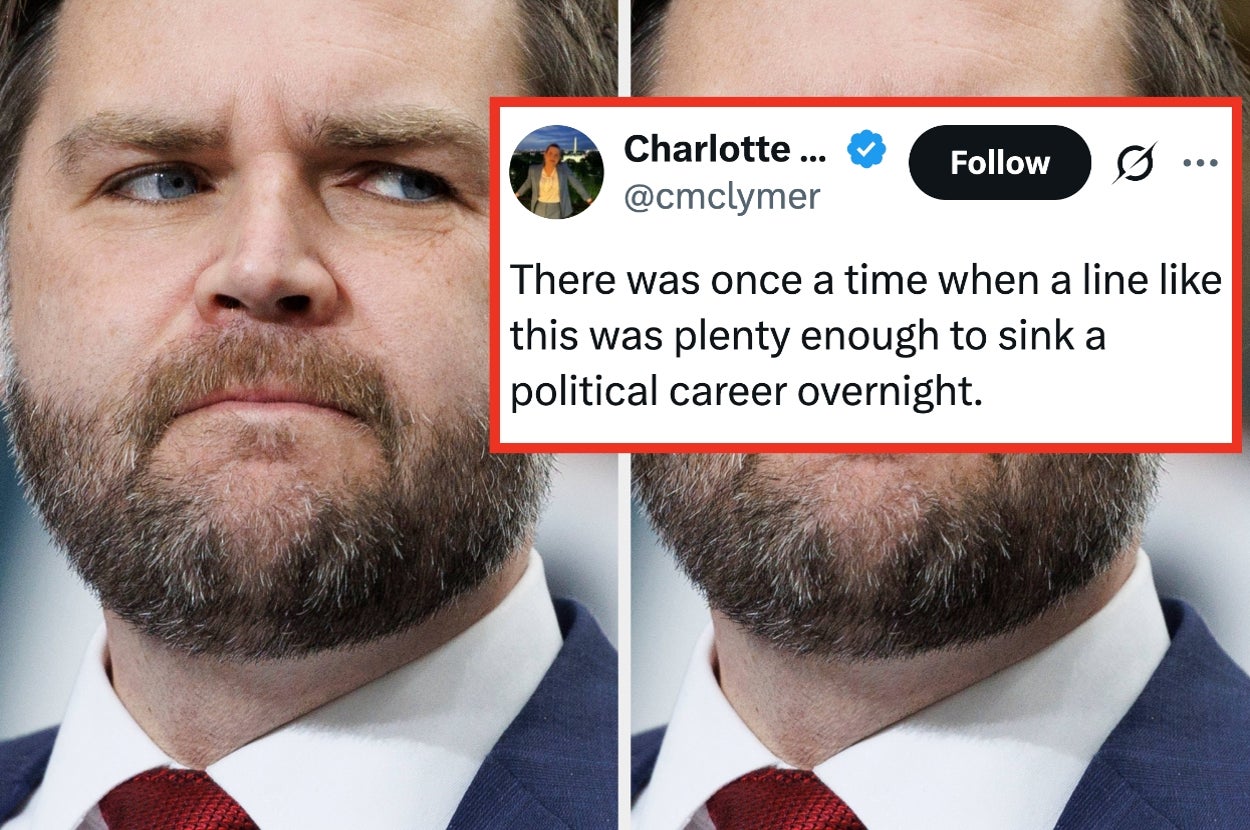 Close-up of a man with a beard and a serious expression. Overlay of a tweet by Charlotte Clymer discusses political careers and accountability
