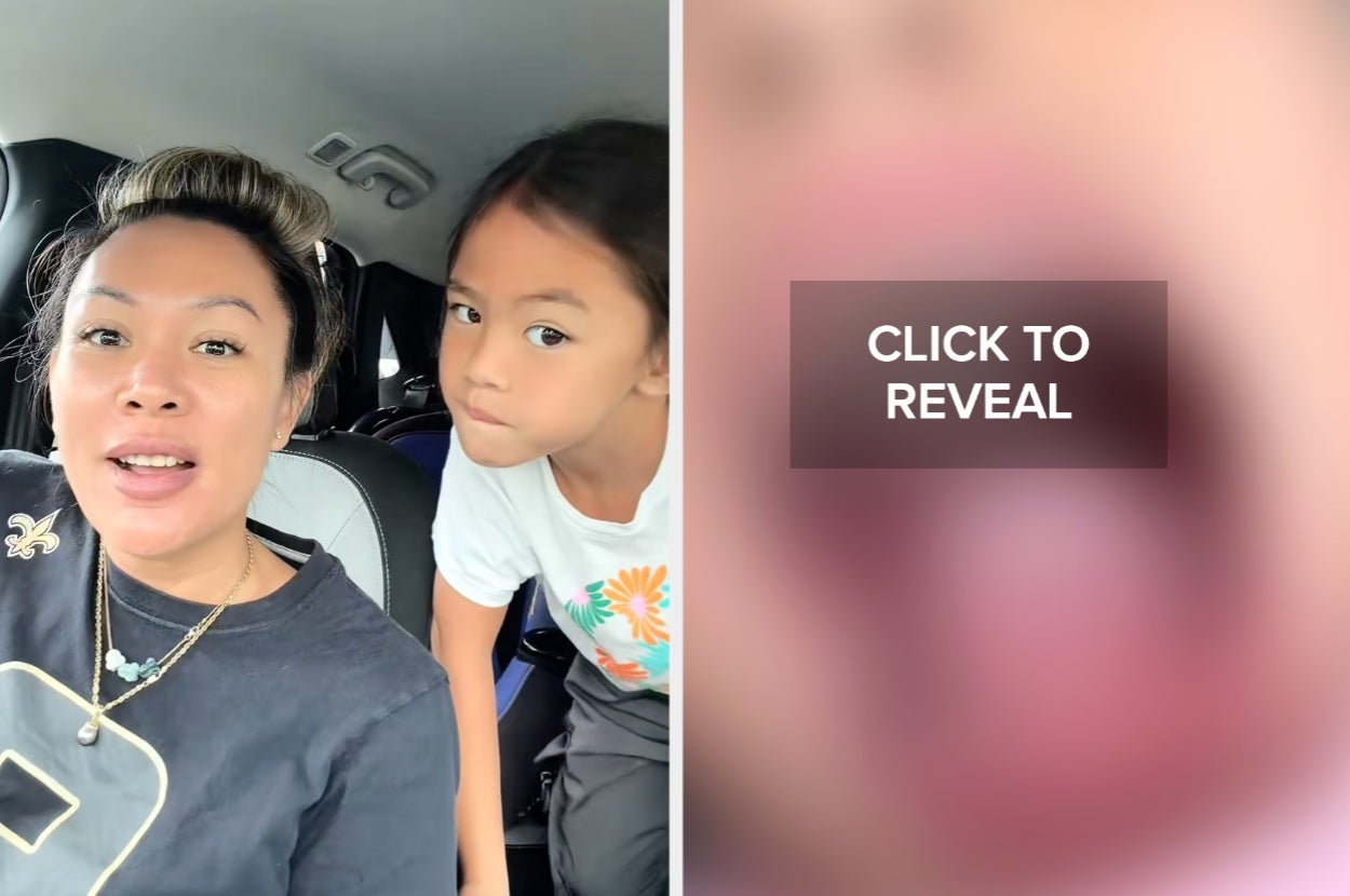 Two people are in a car; one is speaking, and the other is leaning forward. A blurred image with "Click to Reveal" text is on the right