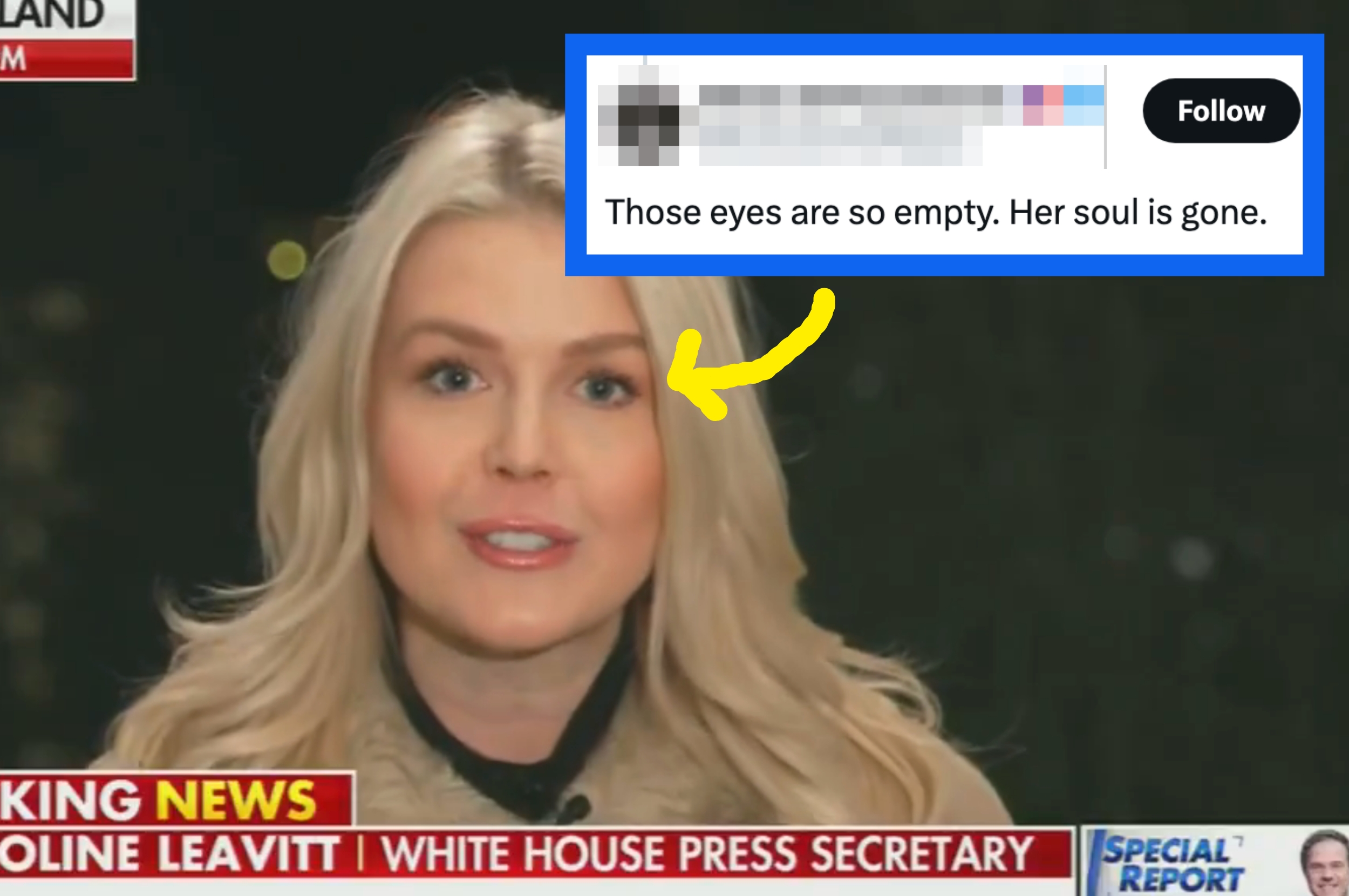 karoline with highlighted social media comment about their eyes being empty
