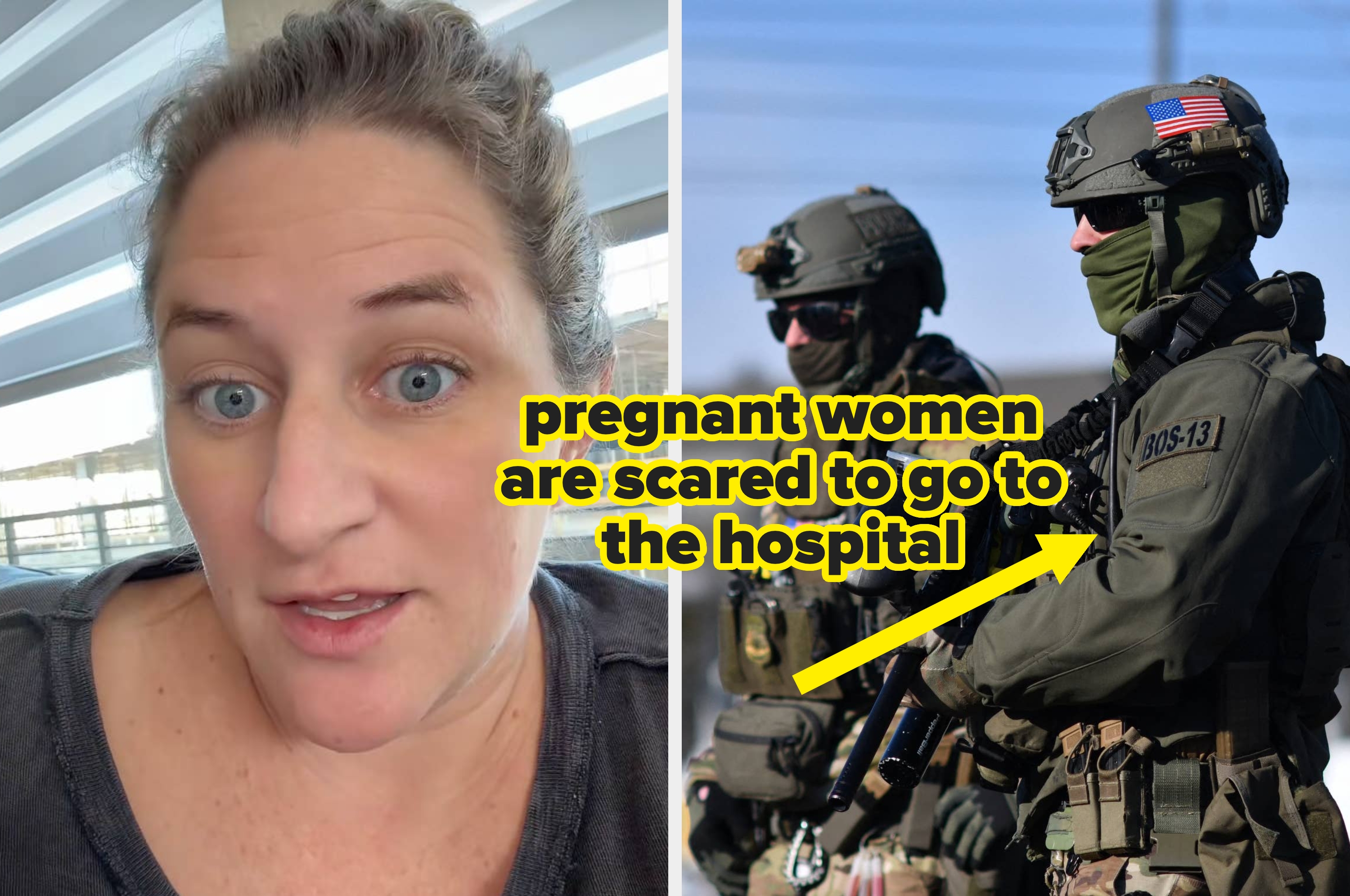 A woman appears in a split image with armed soldiers. One soldier wears tactical gear marked with an American flag and a visible patch