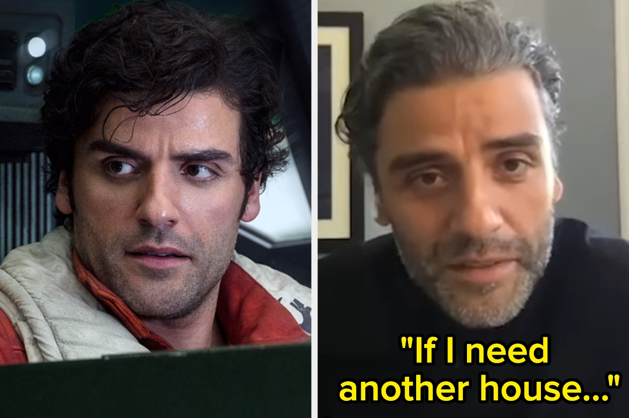 A man in a movie scene on the left; on the right, the same man with graying hair speaking in a virtual meeting with a quote overlay: "If I need another house..."
