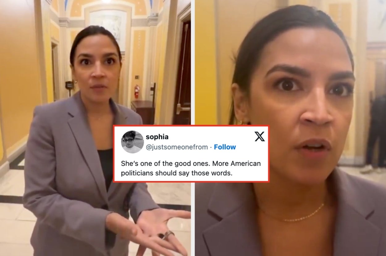 A person speaks passionately in a hallway. A tweet overlaid reads, "She's one of the good ones. More American politicians should say those words."