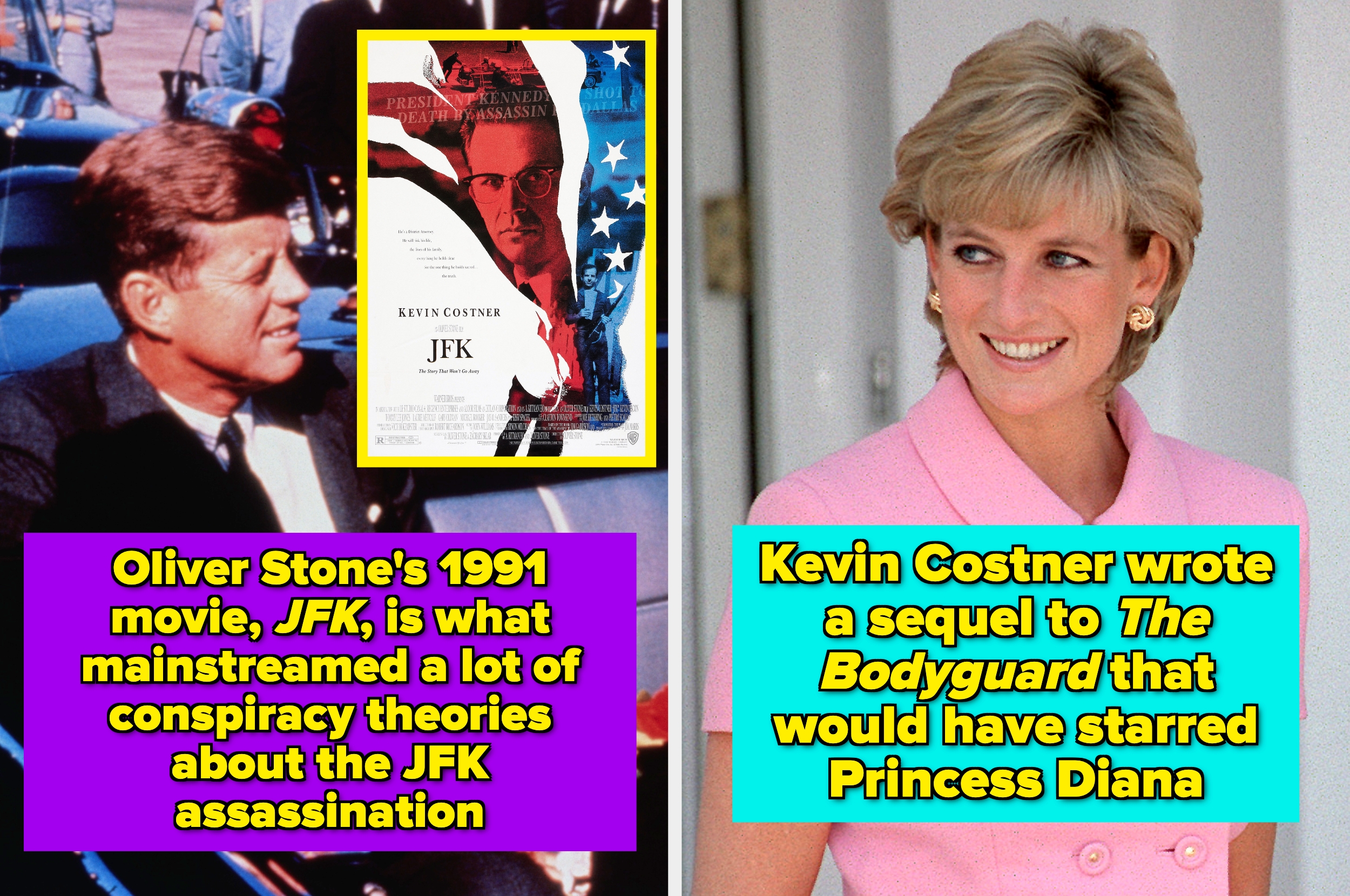 Poster of the movie "JFK" with a still of President Kennedy and Princess Diana alongside text about conspiracy theories and a proposed film sequel