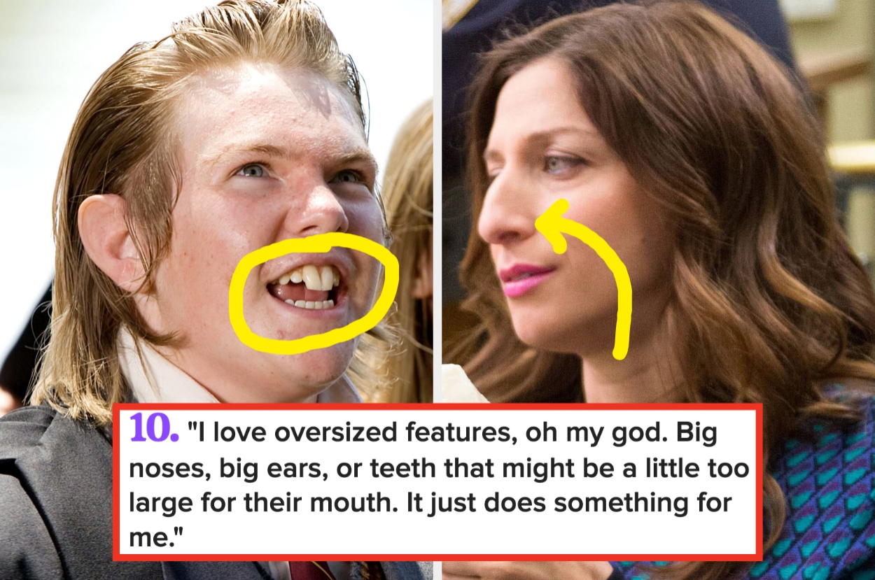 Split image: Left shows a person with oversized ears and teeth. Right shows a person in profile. Caption expresses admiration for exaggerated features