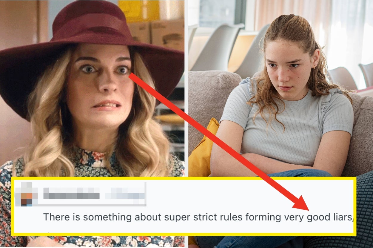 Woman reacting in surprise next to text: "There is something about super strict rules forming very good liars." Facing an upset teen on a couch