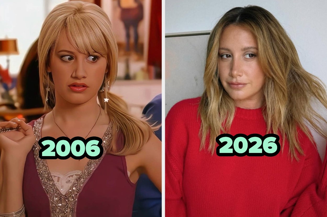 Comparación de una actriz en 2006 en un set de filmación y en 2026 con ropa casual. Se muestra el contraste de estilos entre las dos fechas