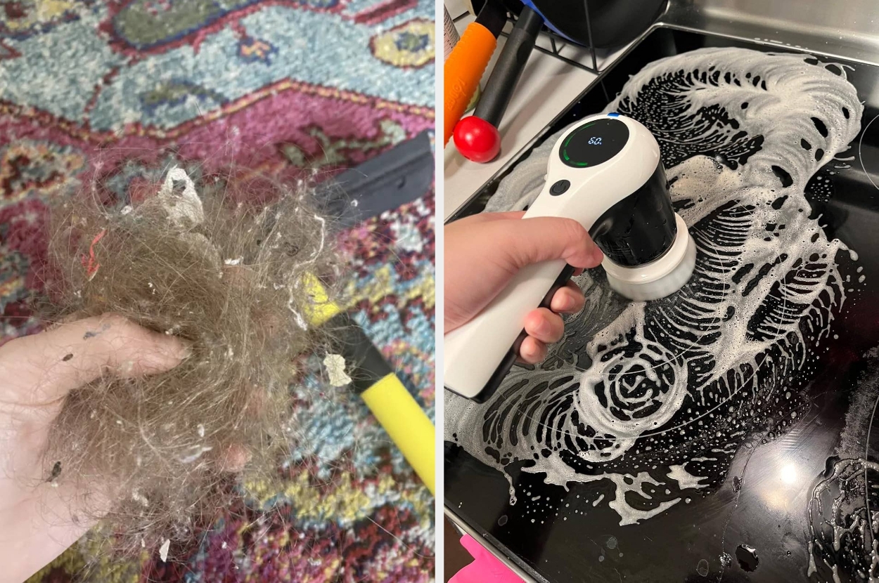 Left: Hand holding a clump of hair. Right: Hand using a cleaning tool on a soapy surface