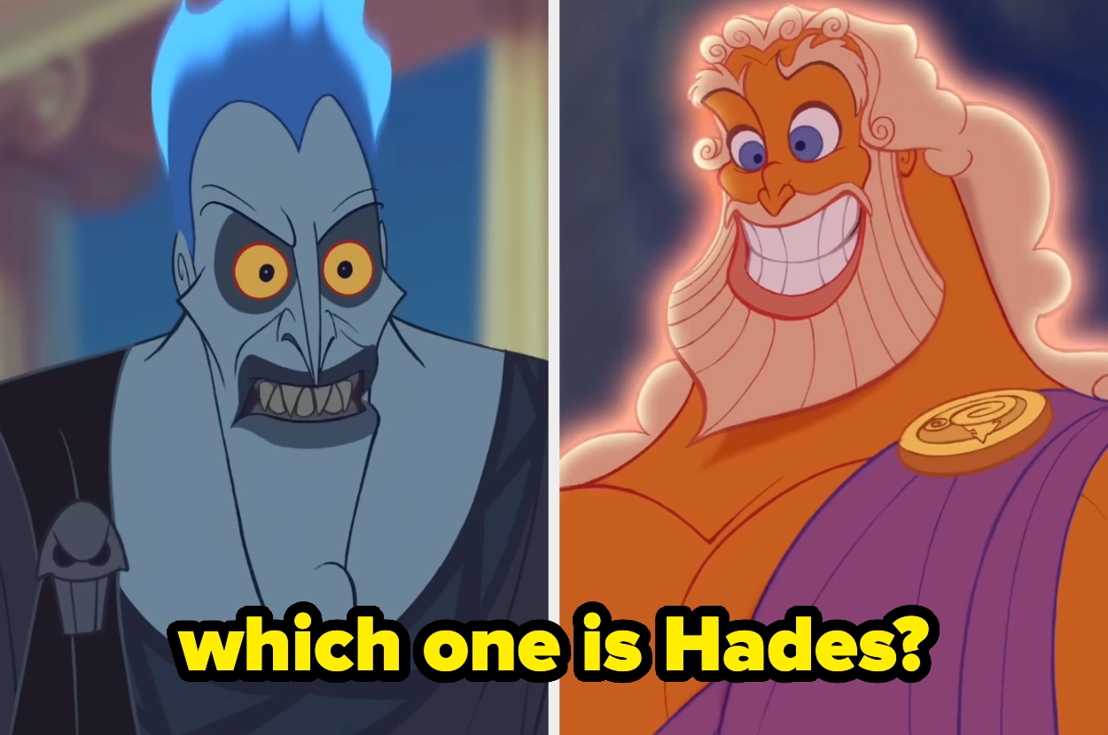 Cartoon characters side by side: one with blue flames for hair, the other with a broad smile and white beard. Text asks, "Which one is Hades?"