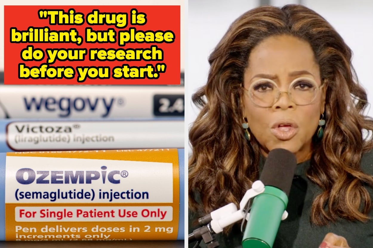 Person speaking at a microphone, with text highlighting advice on researching medications before use. Images of Wegovy and Ozempic injection pens