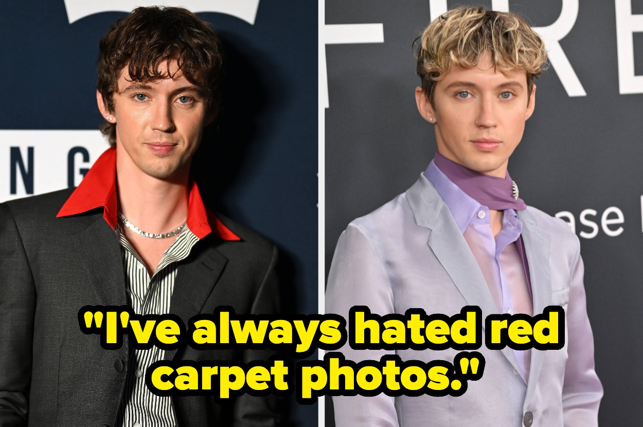 Two images of a celebrity in different stylish outfits with the text: "I've always hated red carpet photos."