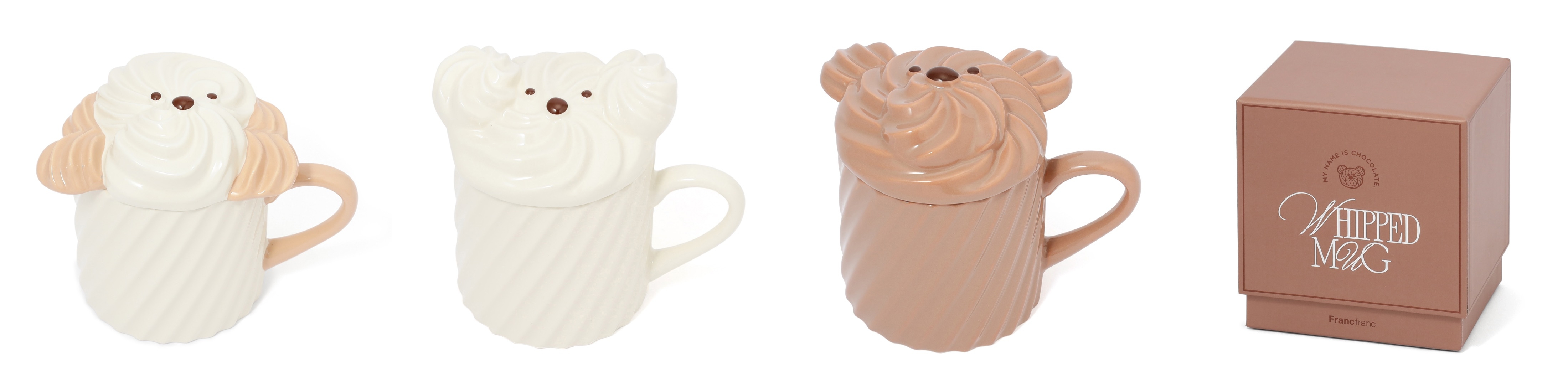 犬の顔がふたになったカップ2個と箱。箱は「WHIPPED」ロゴ入り。