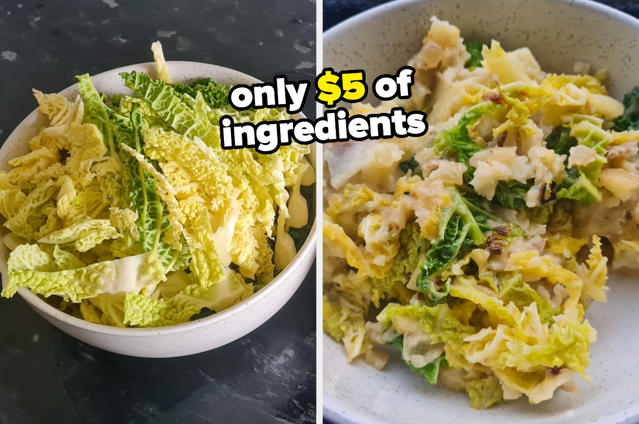 Two bowls of food: one with chopped raw cabbage, the other with cooked cabbage and potatoes. Text overlay: "only $5 of ingredients"