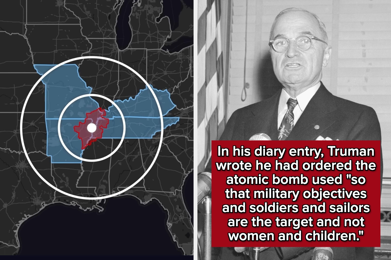 Harry Truman stands at a podium. Map highlights Missouri and outlines regional distances. Diary quote about atomic bomb target objectives is displayed