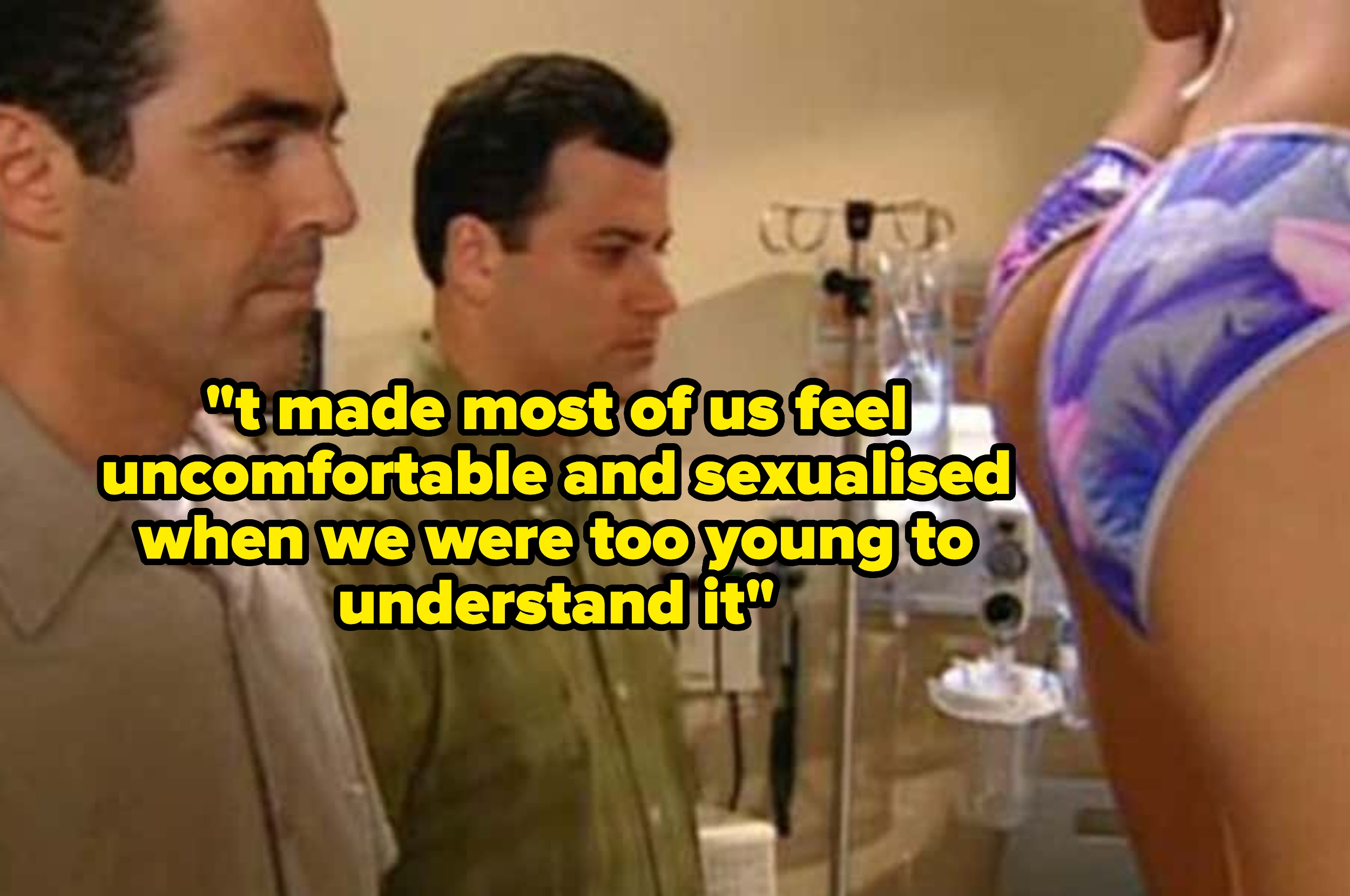 Two men look concerned while observing a lifelike mannequin in a laboratory setting; quote about feeling uncomfortable is overlaid