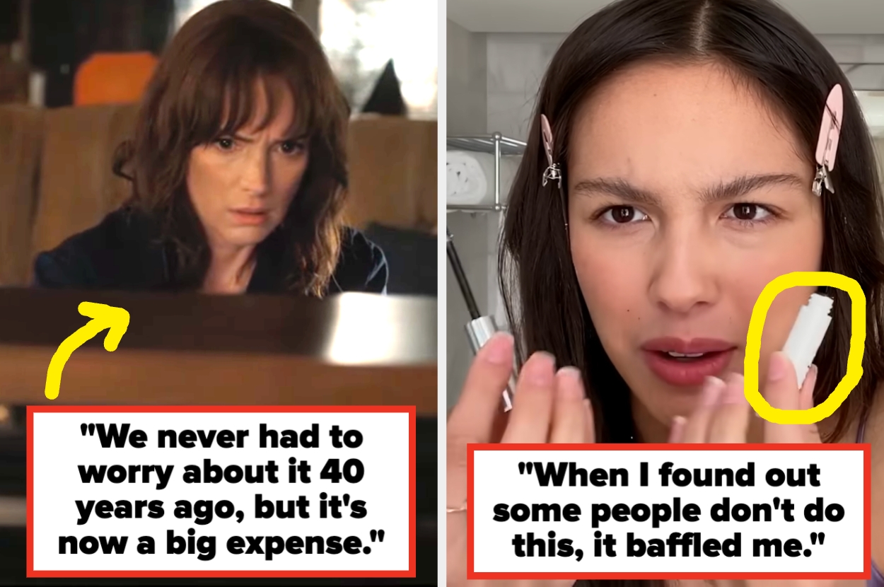 Two images: A woman appears concerned while looking at a computer; another applies makeup, puzzled. Quotes discuss unexpected modern financial concerns